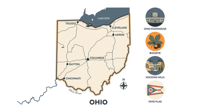 Ohio State Map with Landmarks and Symbols