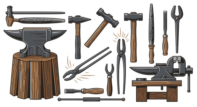 A collection of various blacksmithing tools and equipment on wooden blocks and benches