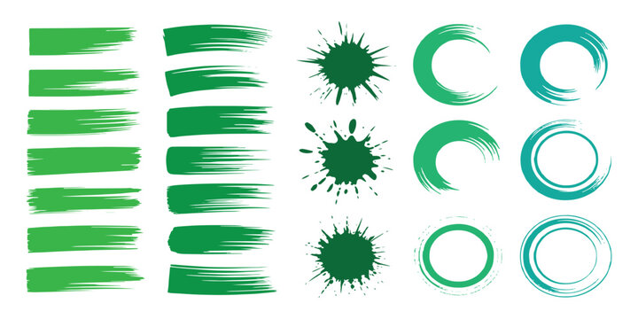 Collection of green paint brush strokes splatters and ink circle frames grunge texture vector illustration.