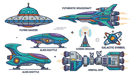Futuristic Spaceships and UFOs: Alien Shuttle, Flying Saucer, Orbital Ship © hidayati