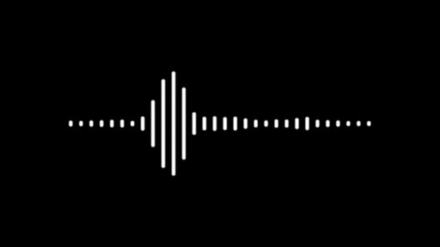 Audio wave animation, white waveform spectrum visualizer on black background, music frequency equalizer bars, podcast signal meter, digital sound effect, 4k loop