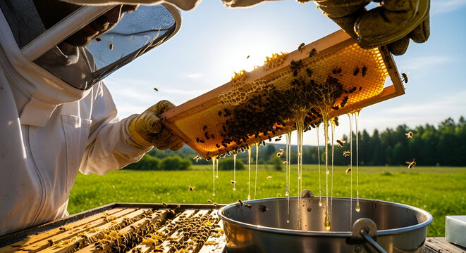 Beekeeper extracting honey from a honeycomb frame using a bee brush and smoker for apiculture, honey production, and pollination management in an agricultural setting for sustainable food