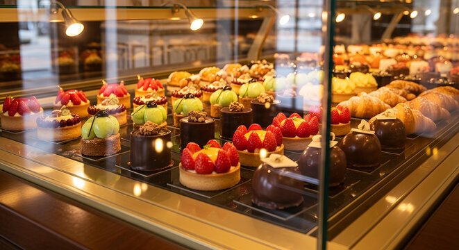 Assorted sweet pastries displayed on shelves behind glass case for dessert selection and purchase at bakery or cafe for customer enjoyment and satisfaction