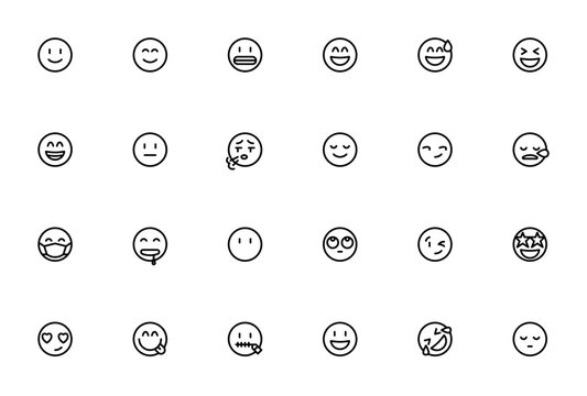 Emoji and emoticons icon set. Minimal linear icons. Featuring smiley, grimacing, laughing, neutral, smirk, sleep, face mask, drool, rolling eyes, wink, excited, love, pensive and more.