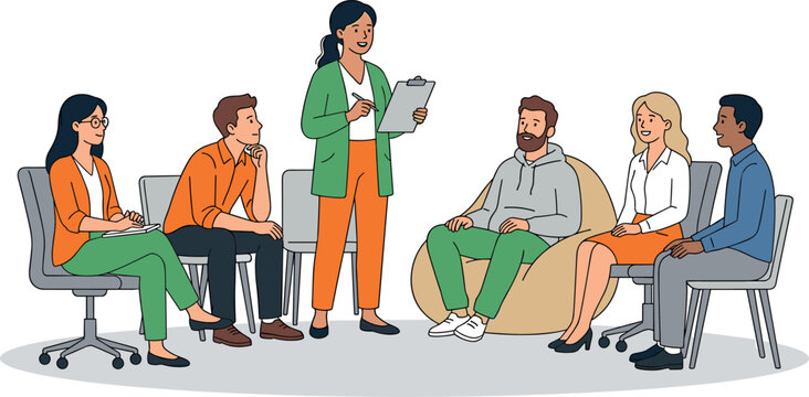 Diverse group of people sitting in a circle during a therapy session support group or corporate team building seminar vector illustration.