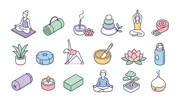 Yoga Meditation Spiritual Icons Set.