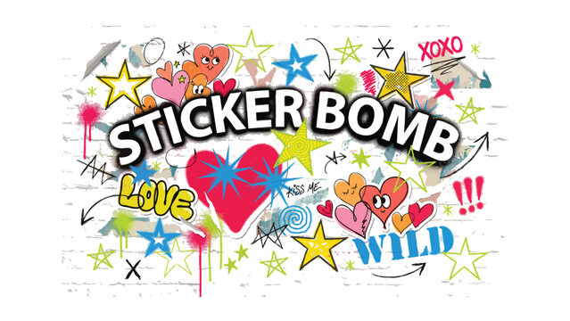 Colorful sticker bomb design with hearts stars and playful text graphics