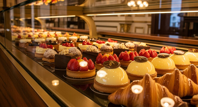Assorted sweet pastries and desserts on display in a bakery case for sale and customer selection to satisfy sweet tooth cravings and enhance dining experiences