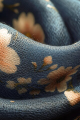 Fototapeta premium Close-up shot of a blue fabric with intricate white flower design vertical frame