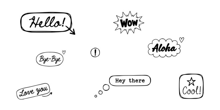 Speech Bubbles with Various Greetings and Phrases in a Black and White Line Drawing Style Featuring Hello, Wow, Aloha with Bye-Bye and Love You