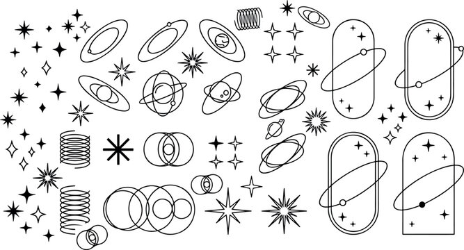 Modern minimalist aesthetic line elements, trendy linear frames with stars, geometric forms. Arch frame with sparkles for social media or poster design, simple decorative boho style border vector set