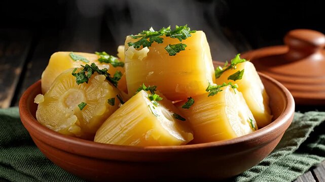 Boiled cassava and corn steaming in a brown bowl.
