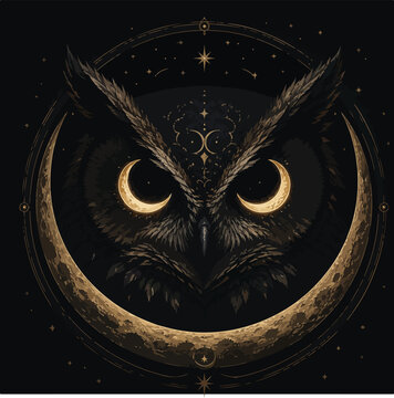 A captivating mystical owl illustration featuring crescent moon-shaped eyes, symbolizing wisdom, intuition, mystery, and the magic of the night. Intricate feather details, celestial elements, glowing 