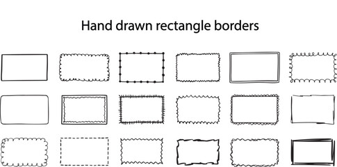 Hand drawn rectangle borders. Cute sketchy square photo frames, doodle line decoration elements, and abstract wavy outline edges vector set © EMON
