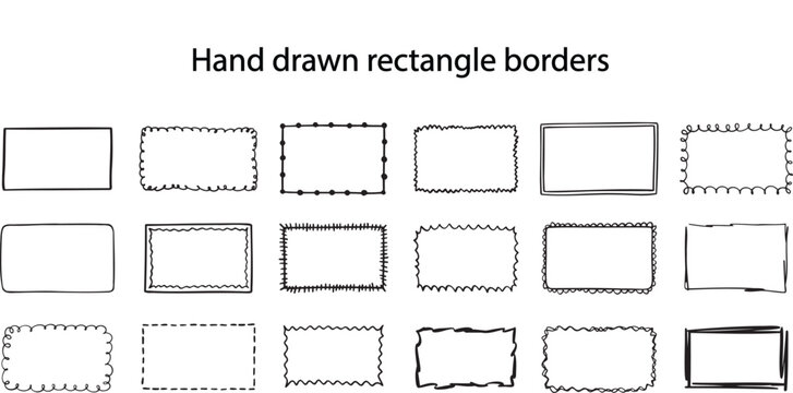 Hand drawn rectangle borders. Cute sketchy square photo frames, doodle line decoration elements, and abstract wavy outline edges vector set