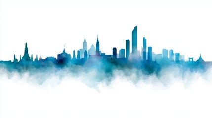 Fototapeta premium Abstract blue watercolor silhouette of Bangkok city skyline with high rise buildings temples and traditional Thai architecture blending modern and historic culture