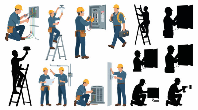 Professional electrician character vector illustration set with male technicians repairing electrical panel wiring using ladder tools and silhouettes flat isolated icons on white background for servic