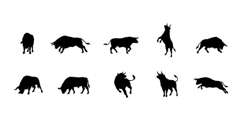 Obraz premium Bull Silhouettes Illustration Set of Ten Black Animal Figures, Vector Style Icons for Education, Wildlife, and Farm Themes