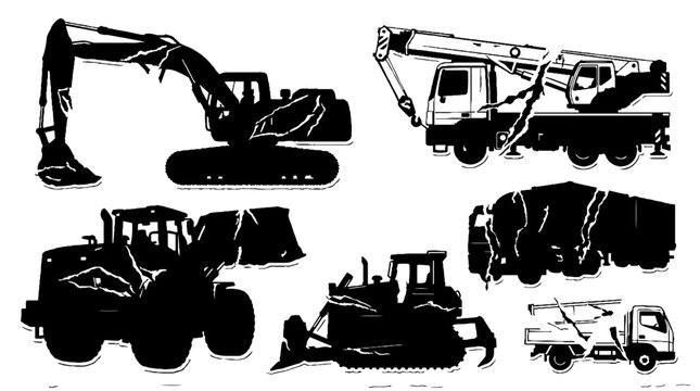 Collection of black silhouette icons representing various heavy construction machinery and industrial equipment.