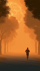 Fototapeta premium A focused runner on a tree-lined path with a luminous brain outline above the head, hopeful mood, sunrise lighting, dynamic side composition.