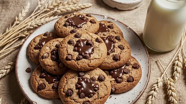 Chocolate chip cookies with a bottle of fresh milk.