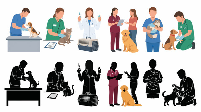 Veterinary care character vector illustration set with veterinarians examining dog cat rabbit parrot pets animal clinic services medical checkup flat isolated icons on white background