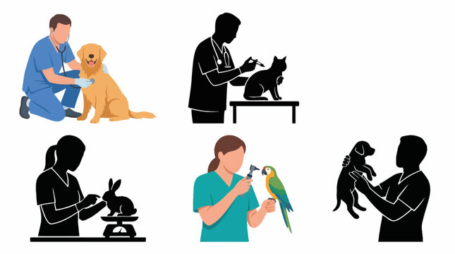 Veterinary care character vector illustration set with veterinarians examining dog cat rabbit parrot pets animal clinic services medical checkup flat isolated icons on white background