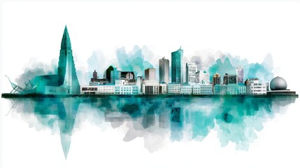Obraz premium Artistic watercolor cityscape of modern urban skyline with high-rise buildings and reflection on water under cloudy sky background