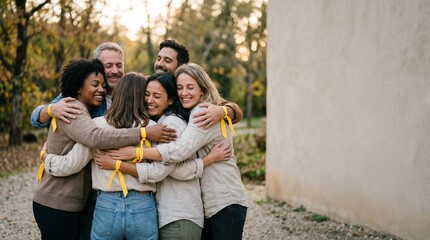 Obraz premium Diverse group of friends hugging outdoors wearing yellow ribbons for support and unity