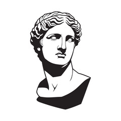 Classical Greek goddess bust vector illustration with high contrast black and white line art and wavy hair © Zulfa