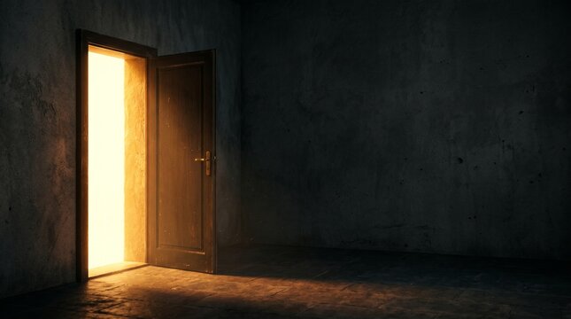 Open door revealing bright light in a dark room symbolizing hope and new beginnings