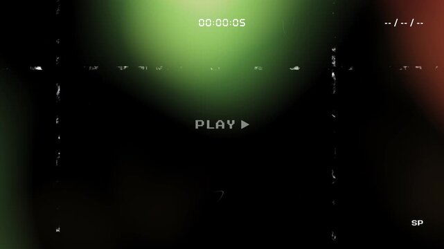 Retro VHS glitch background with analog noise and timecode overlay featuring blurred colorful abstract shapes and play text for nostalgic video effects and lo-fi aesthetics