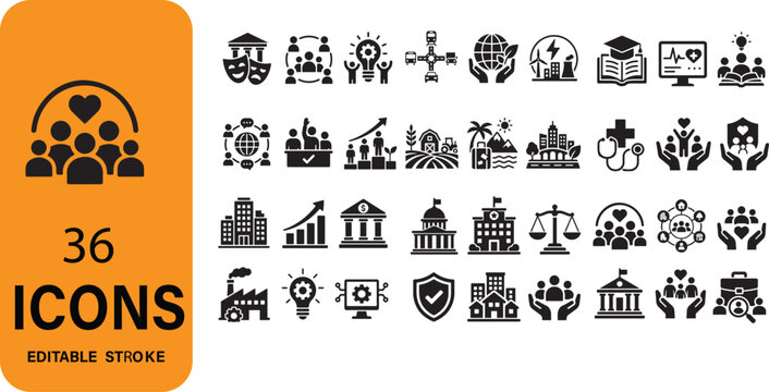 Non Profit Welfare and Public Community Development Glyph Icon Set Featuring Medical Healthcare Infrastructure Farming Subsidies Legal Courts and Generous Family Protection