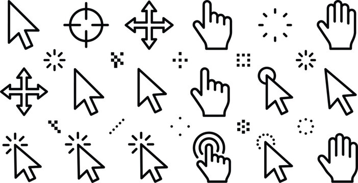 Computer mouse cursor pointer clicking hand click and arrow movement line art vector icon set for interface navigation