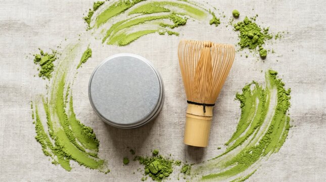 Matcha tea whisk and blank silver tin on linen background