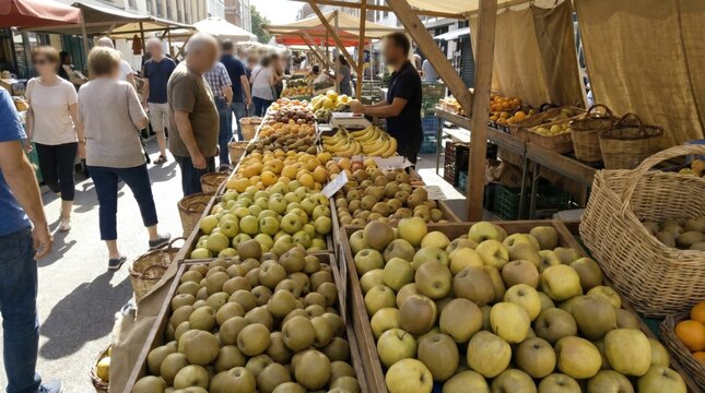 Market stall with apples in protanopia color blindness view