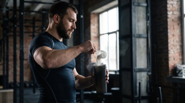 Athletic man pouring protein powder into shaker in gym