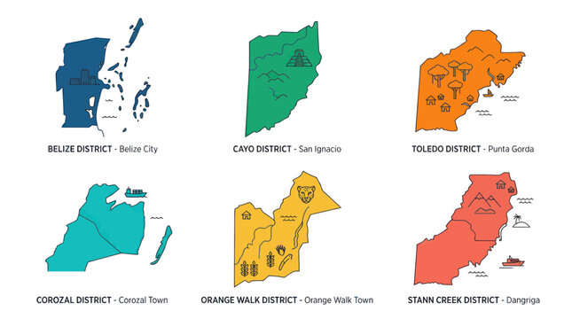 Belize Districts Map - Colorful Outline Shapes with City Labels
