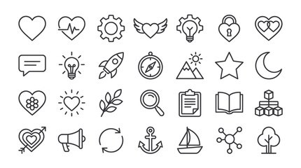 Set of Icons: Heart, Gear, Rocket, Compass, Stars, Moon, Book, Tree, and More © Kuwadi