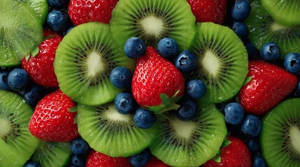 Obraz premium Fresh vibrant slices of green kiwi fruit arranged with ripe red strawberries and small dark blue forest blueberries together beautifully