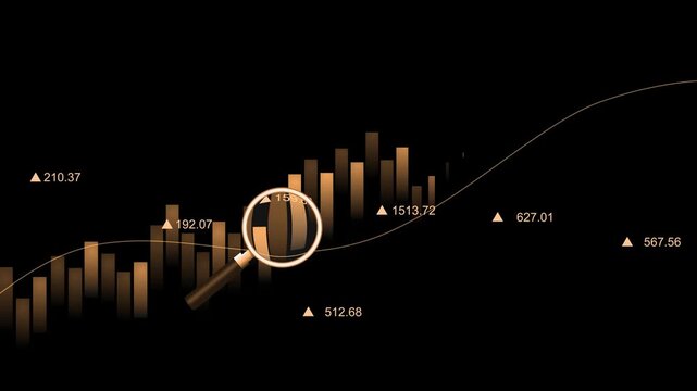 Monochrome financial bar chart with magnifier animation, Financial bar chart with candlestick-like bars