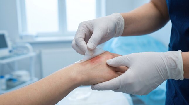 Doctor treating hand burn with hydrogel dressing in clinic