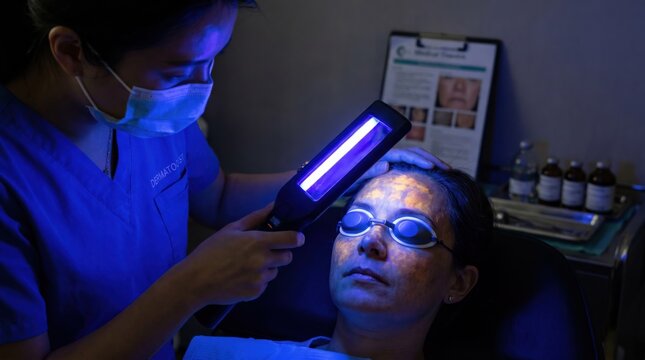 Dermatologist examining patient's face with UV Wood's lamp
