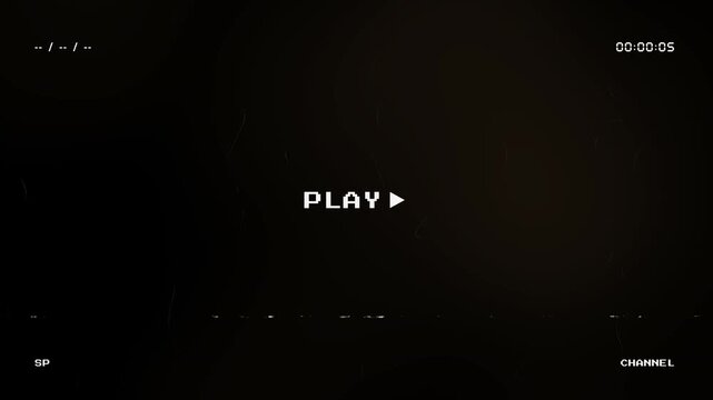 Retro VHS playback overlay with glitch effects and analog noise on a dark background featuring play text and timecode for vintage video editing and nostalgic cinematic projects