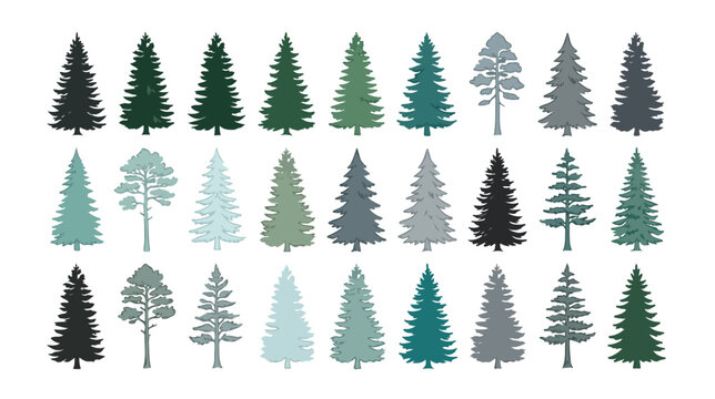 Evergreen pine tree silhouettes, collection of 27 flat vector conifer icons, minimalist forest fir and spruce trees for outdoor landscape design
