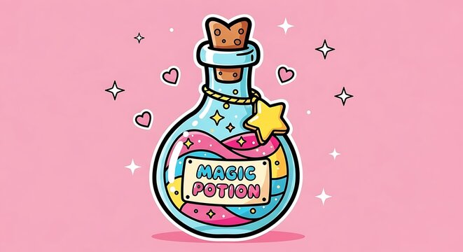 Cute cartoon magic potion bottle with stars and hearts.