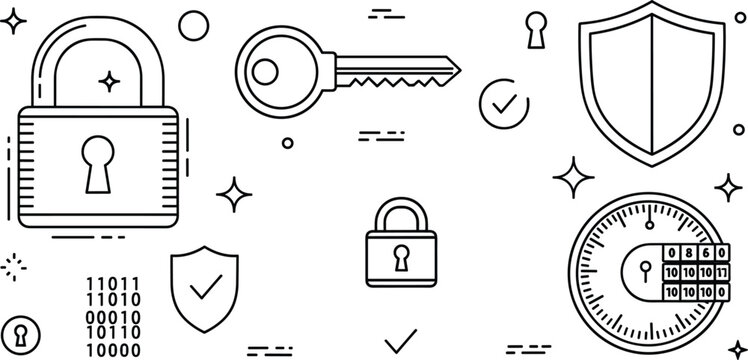 Cybersecurity data protection line art vector icon set with padlock key shield security safe dial and binary code