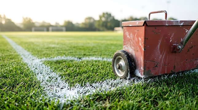 Groundsman applying chalk line on green sports field turf at sunrise