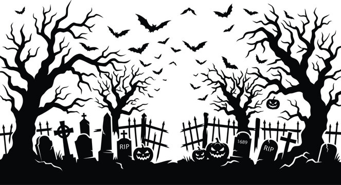 Spooky halloween scene with silhouetted trees bats graveyard and jackolanterns on a white background