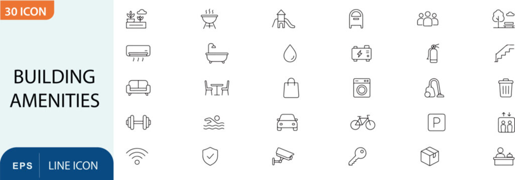 Building amenities icon set modern line icons for property real estate